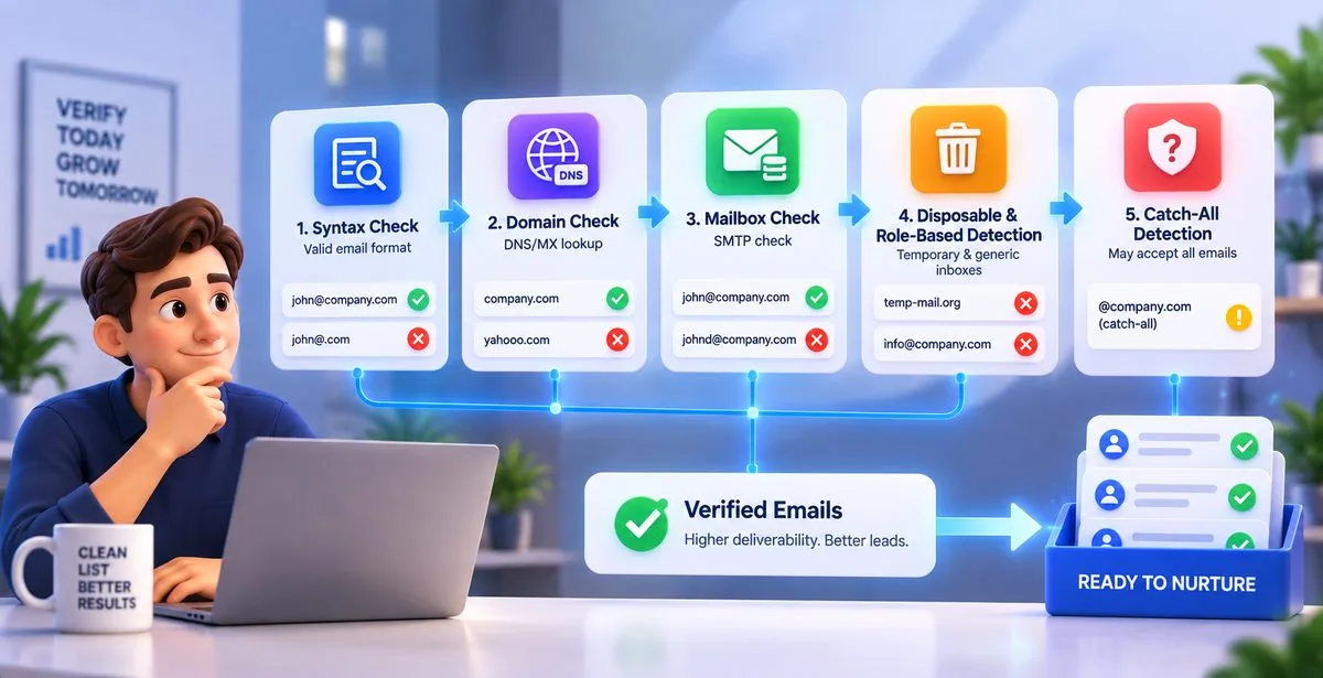 Email Verification Process 3D infographic showing five layers of email verification before leads enter a nurture campaign.
