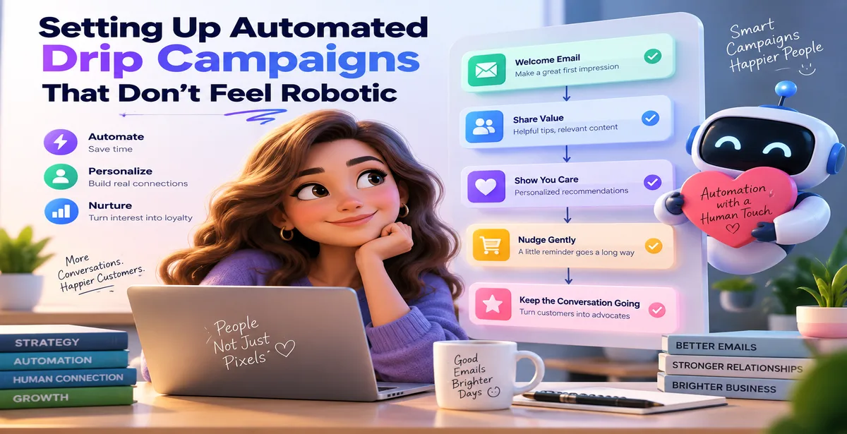 3D illustration of automated email campaigns balancing smart automation with a human touch.