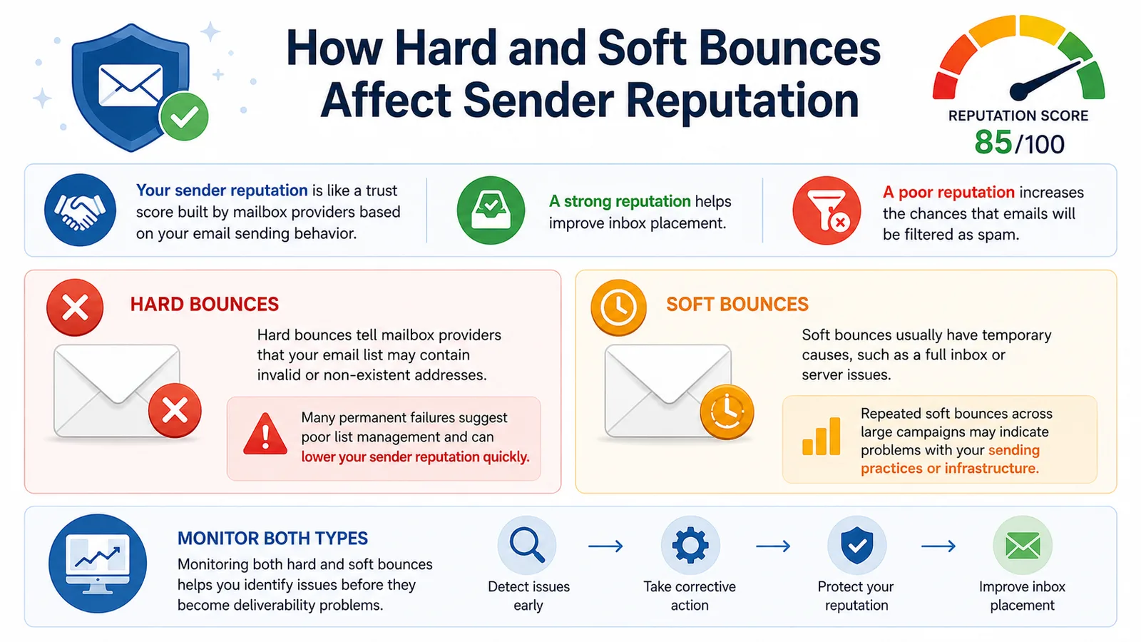 Hard and Soft Bounces: Impact on Sender Reputation Email sender reputation infographic showing hard and soft bounces, their impact on deliverability, and bounce monitoring best practices.
