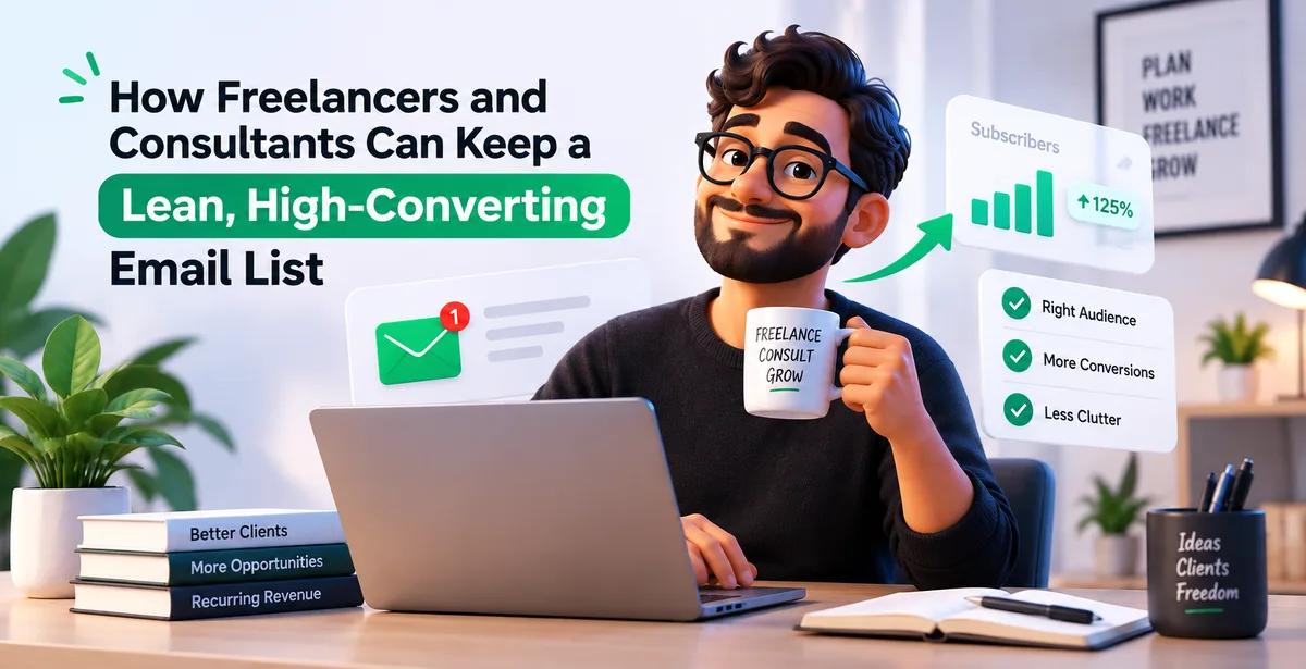 Freelancer at a laptop with 3D email, subscriber growth, and conversion graphics, promoting a lean, high-converting email list.