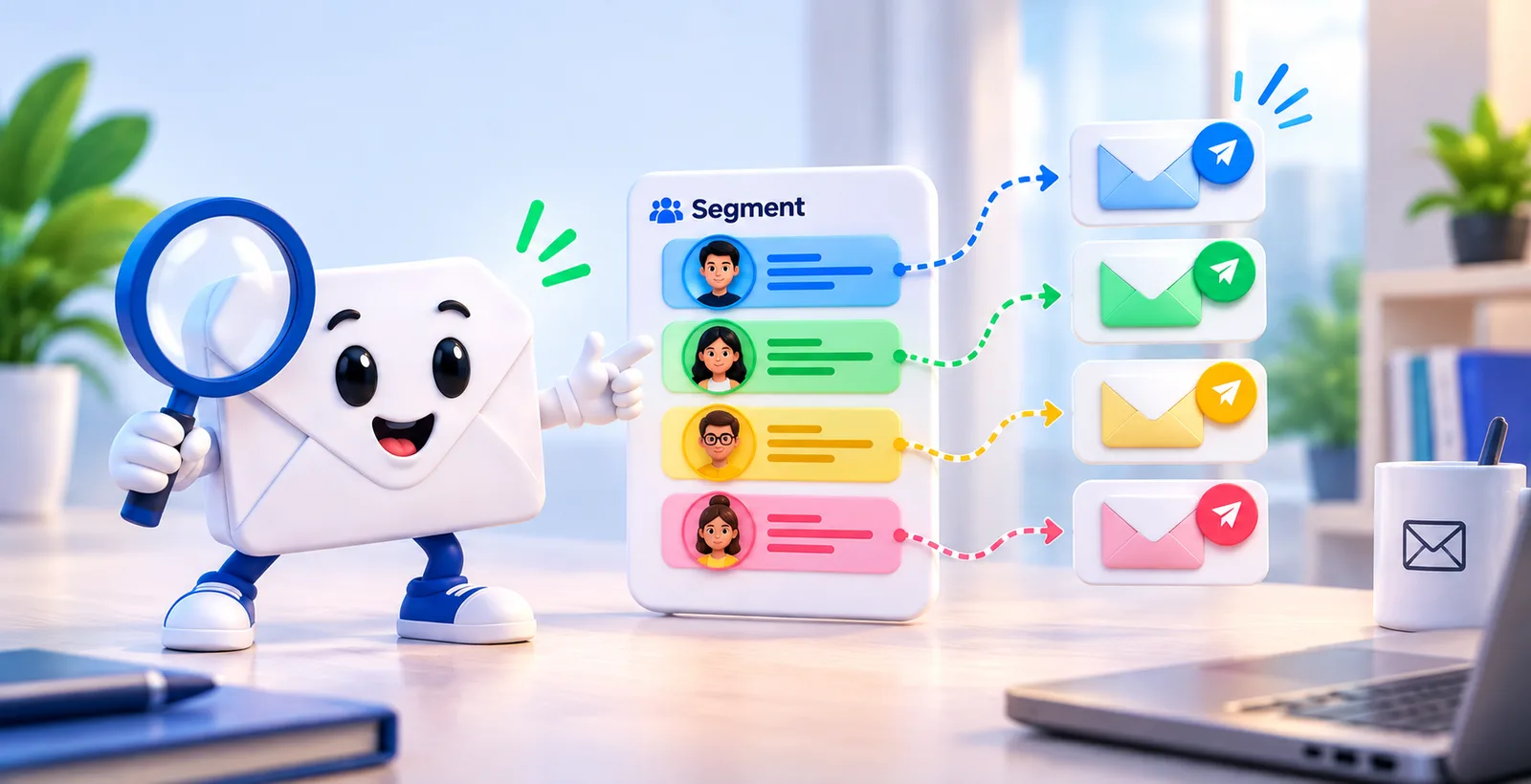 3D envelope mascot organizing subscriber segments and sending targeted emails to different audiences.