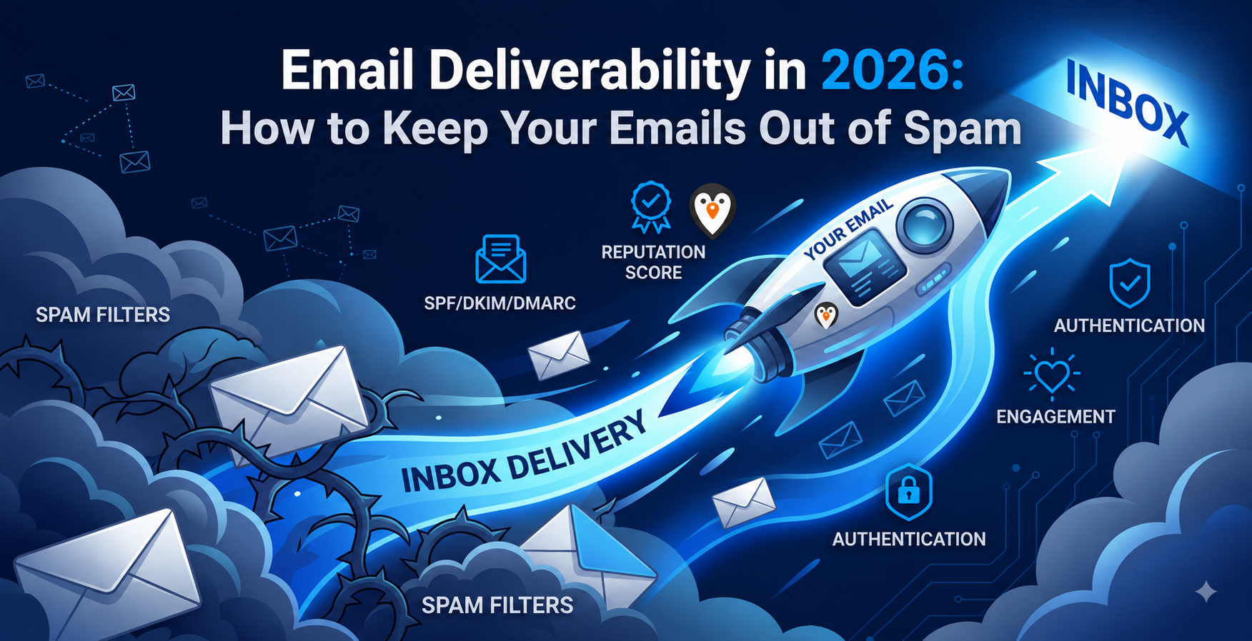 Email deliverability in 2026 infographic showing a rocket carrying an email toward the inbox, with SPF, DKIM, DMARC, authentication, sender reputation, engagement, and spam filters highlighted.