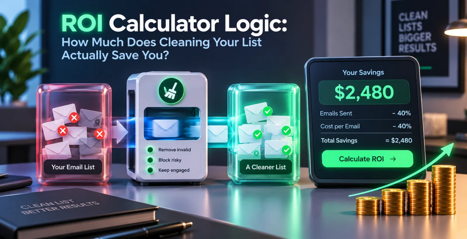 3D ROI calculator showing email list cleaning, savings of $2,480, and growing stacks of coins.