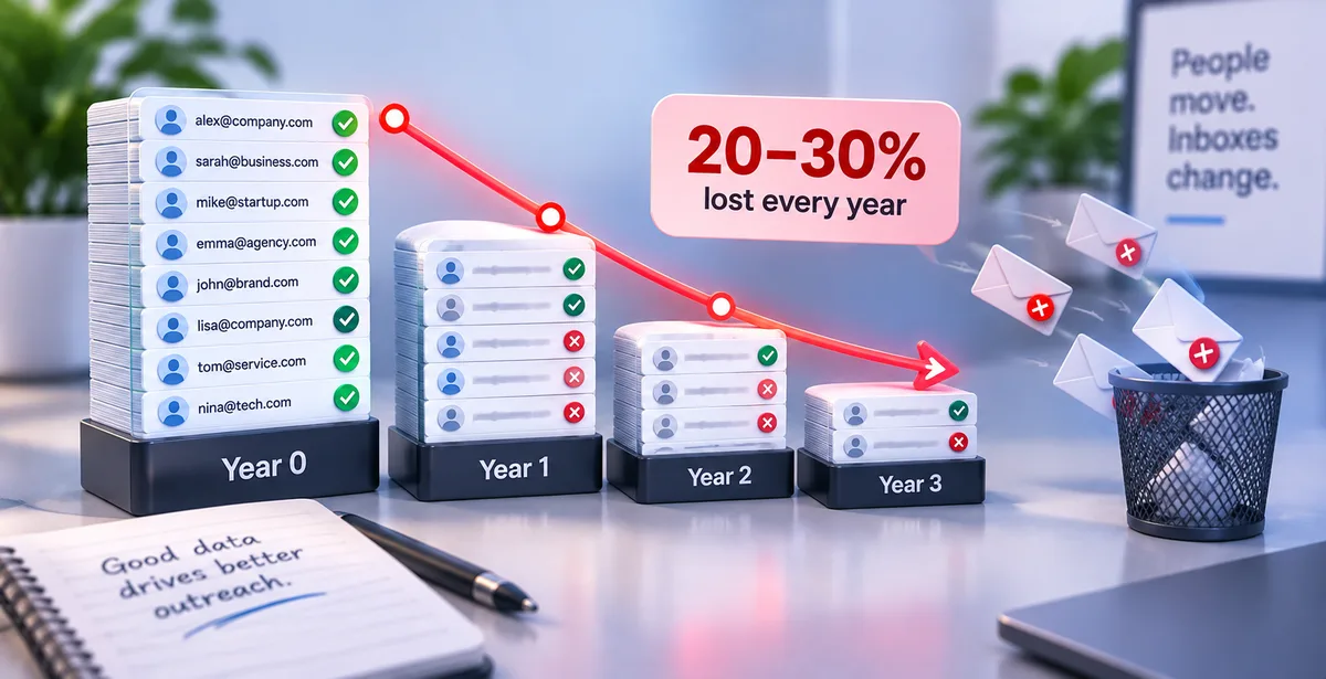 3D illustration showing an email list shrinking over time, with 20–30% of addresses lost each year.