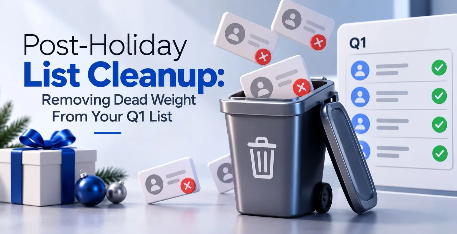 3D illustration of cleaning a Q1 contact list by removing inactive contacts.