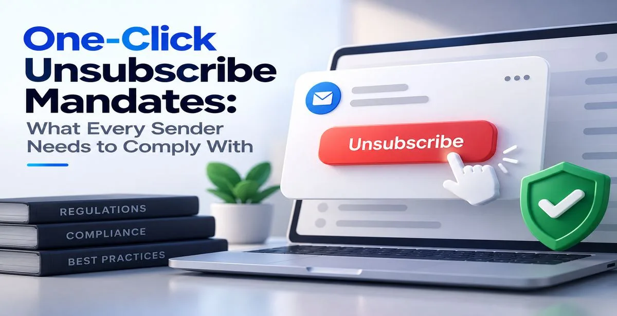 3D laptop showing a one-click unsubscribe button, with a compliance shield and regulations books.