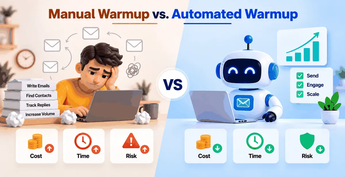 Manual warmup vs. automated warmup comparison, highlighting differences in cost, time, and risk.