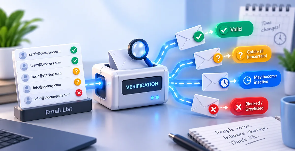 Email Verification: Where the Math Breaks Down 3D email verification system showing valid, catch-all, inactive, and blocked email outcomes.