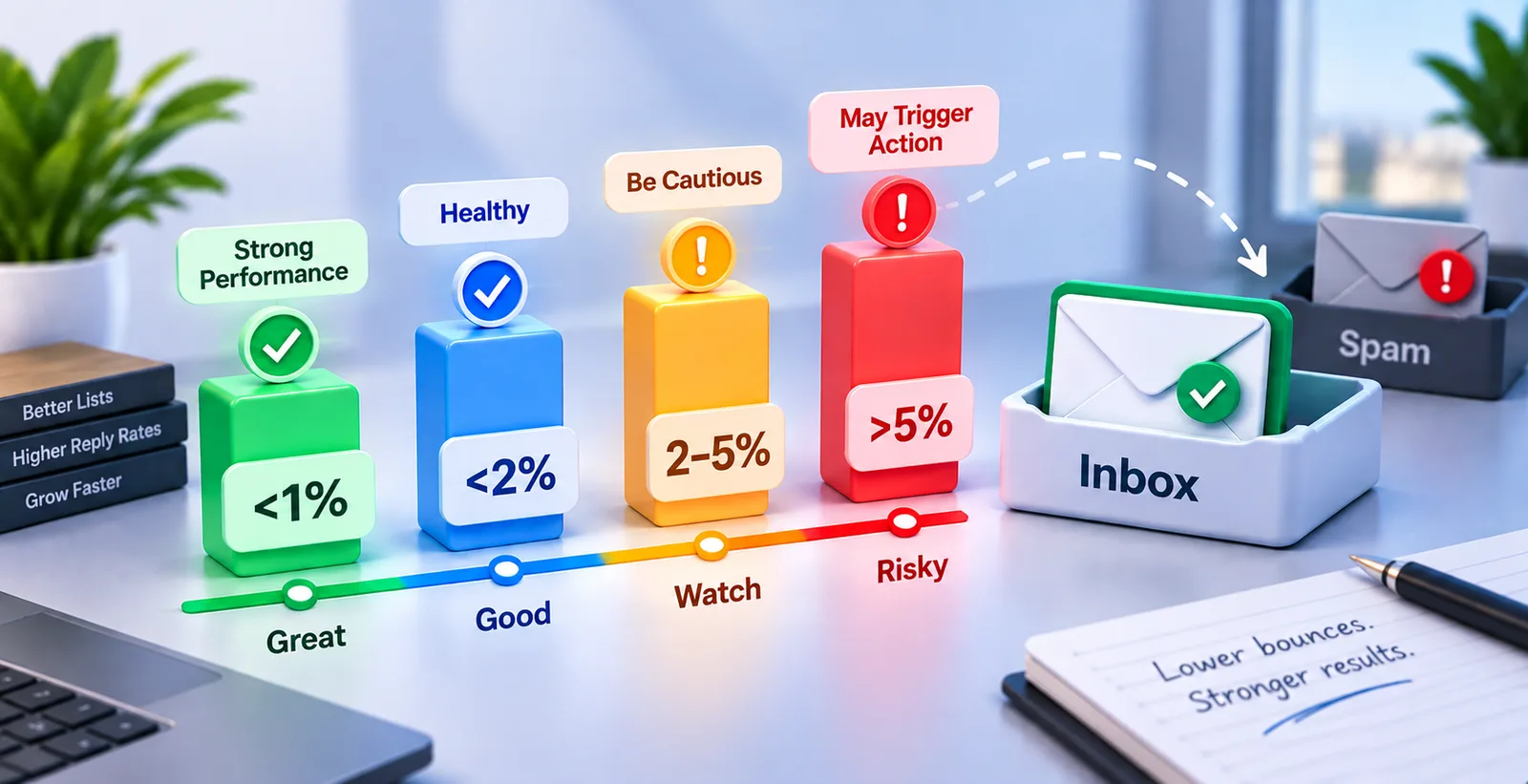 What’s a Good Email Bounce Rate? 3D email bounce rate chart showing healthy, caution, and risky thresholds from under 1% to over 5%.