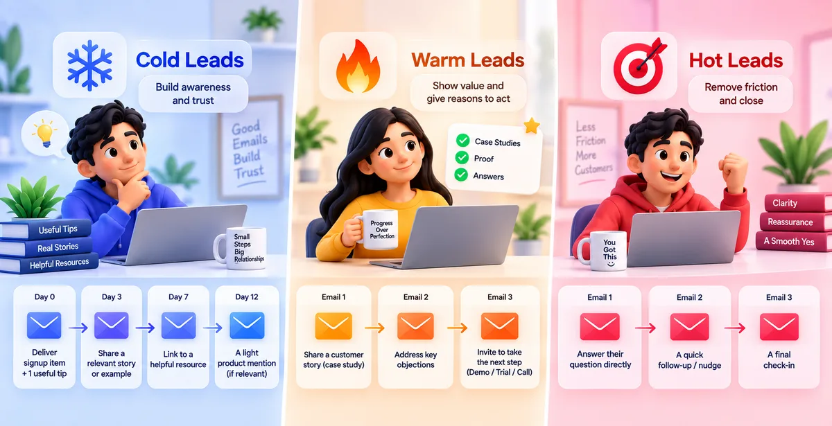 Cold, Warm & Hot Lead Nurture Sequences 3D infographic showing email nurture sequences for cold, warm, and hot leads.