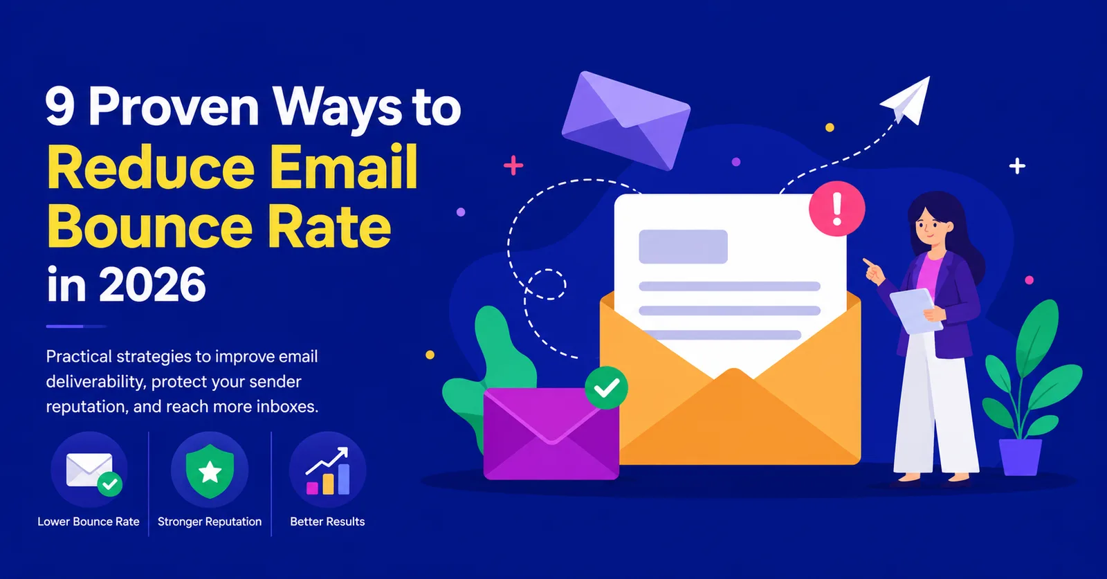Illustration showing strategies to reduce email bounce rate, improve sender reputation, and increase email deliverability.