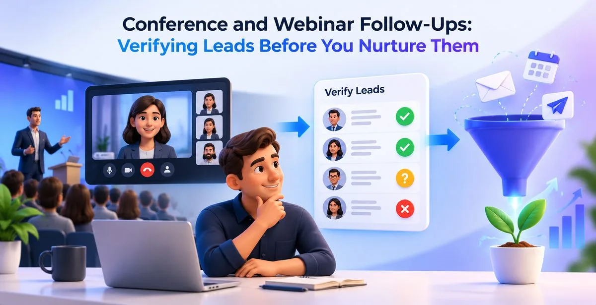 3D illustration showing webinar leads being verified before entering a nurturing funnel.