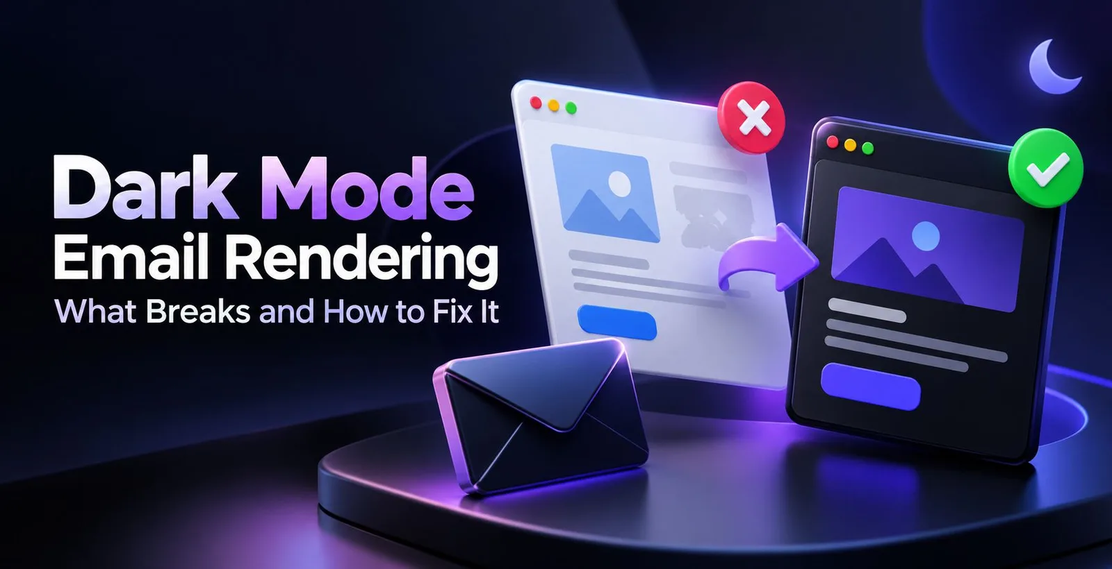 3D dark-mode email rendering comparison with broken and fixed email designs.
