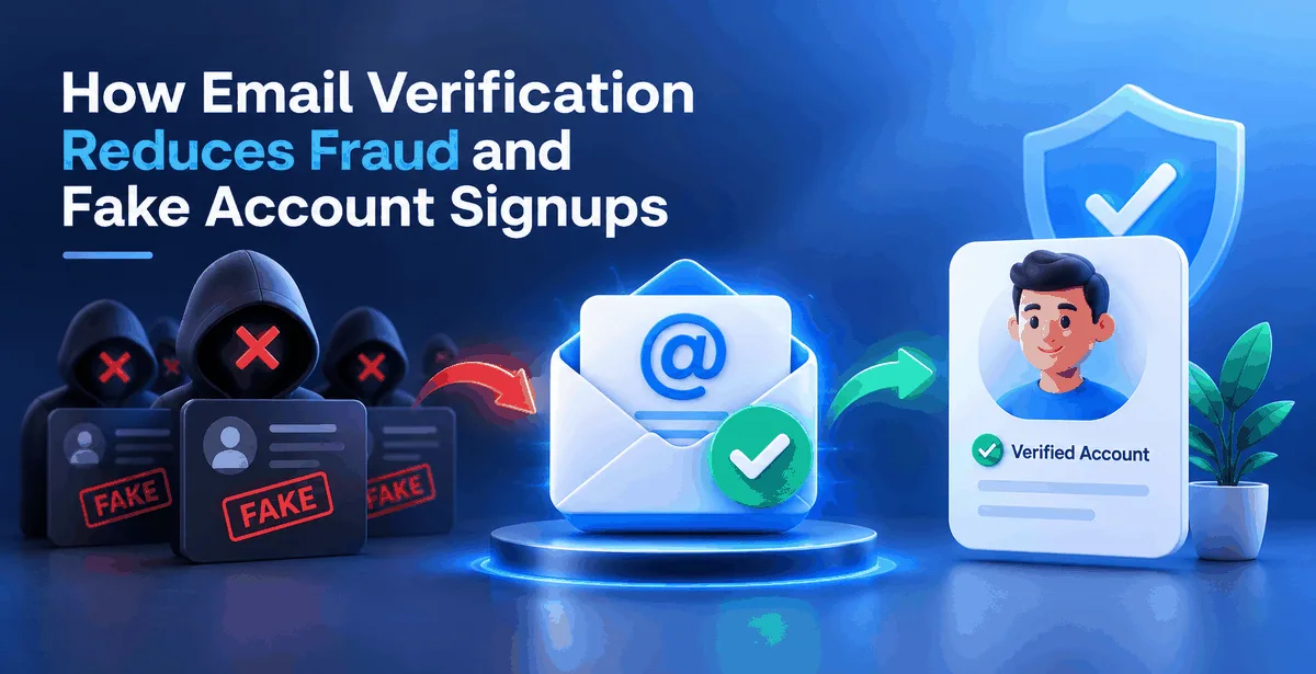3D illustration showing email verification blocking fake accounts and protecting verified users.