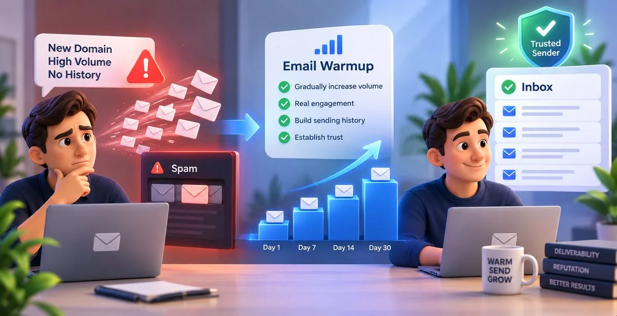 Email Warmup for Better Deliverability 3D illustration of email warmup building sender trust and improving inbox delivery.