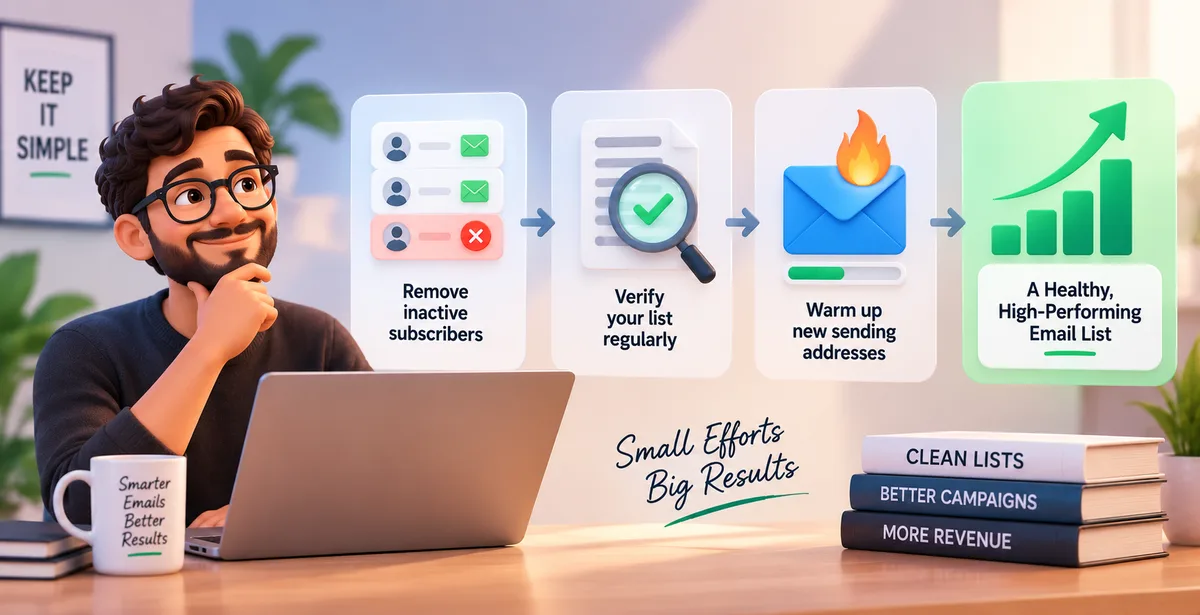 Email List Maintenance for Better Campaigns 3D email workflow showing list cleanup, verification, warmup, and healthier campaign performance.