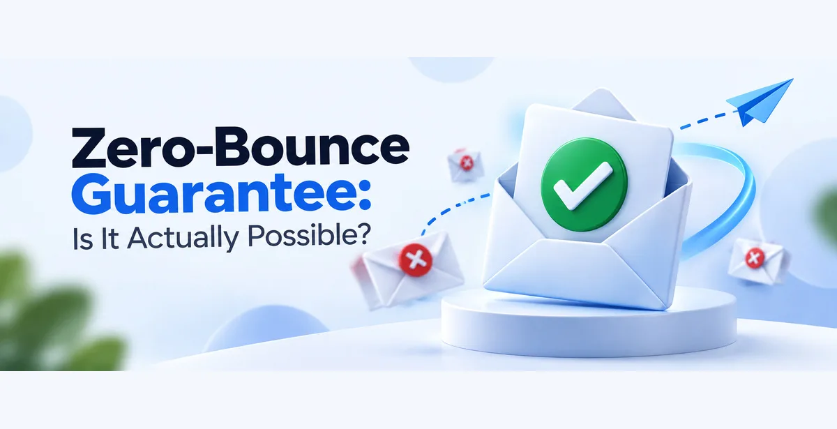 3D email envelope with checkmark, bounced emails, and delivery trail beside “Zero-Bounce Guarantee.”