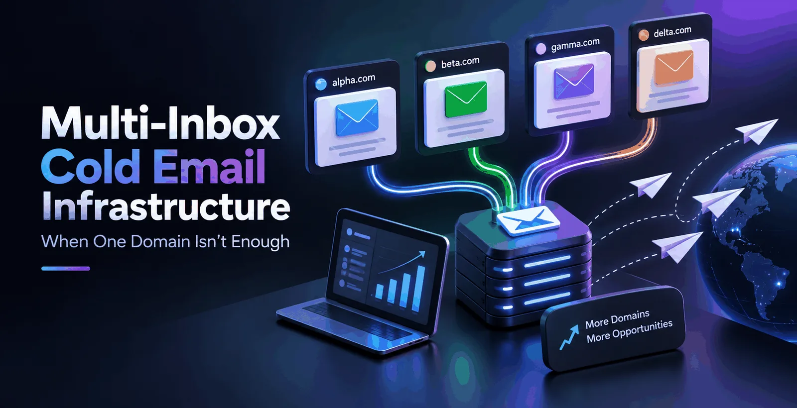 3D illustration of multi-inbox cold email infrastructure with connected domains, servers, and email flows.