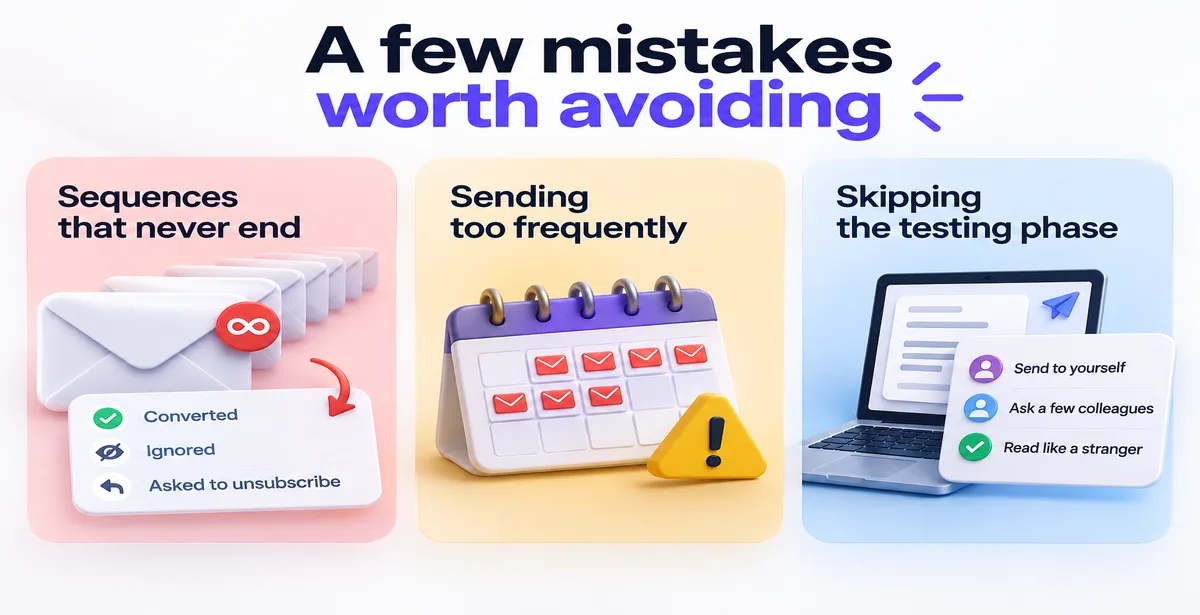 3D infographic showing three common email marketing mistakes to avoid.