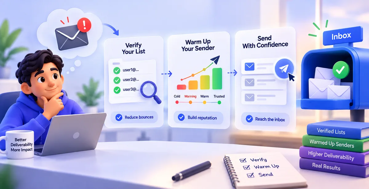Email Deliverability: Verify, Warm Up, Send 3D illustration showing email verification, sender warm-up, and successful inbox delivery.