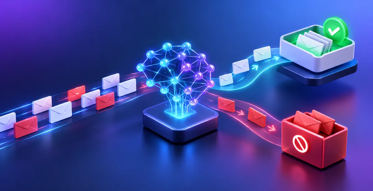 AI Spam Filter Sorting Emails Into Inbox vs Spam 3D illustration of an AI model sorting incoming emails between the inbox and the spam folder