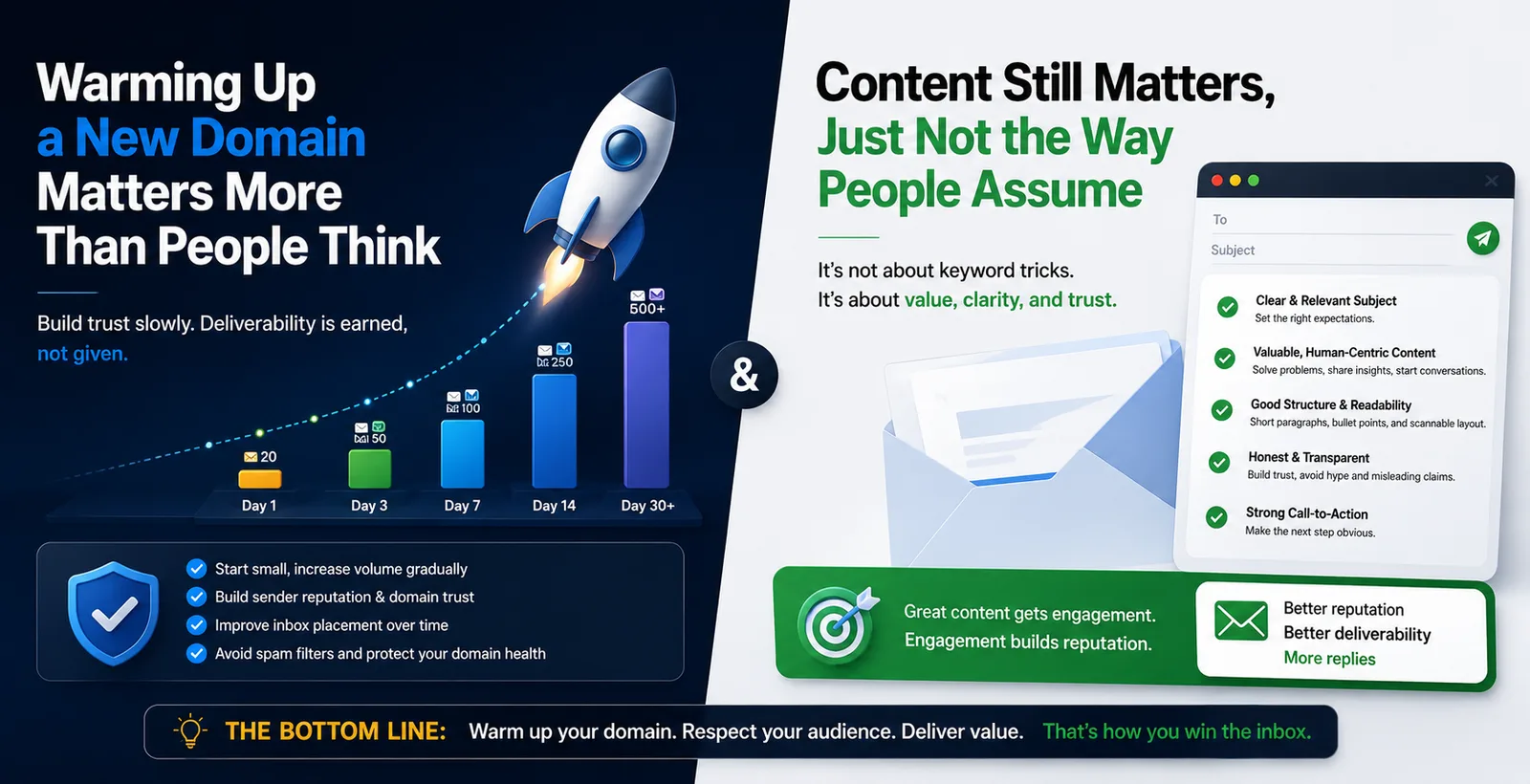 Pingovo email deliverability infographic showing how gradually warming up a new domain builds sender reputation and inbox placement, while valuable, clear, human-focused email content improves engagement and deliverability.