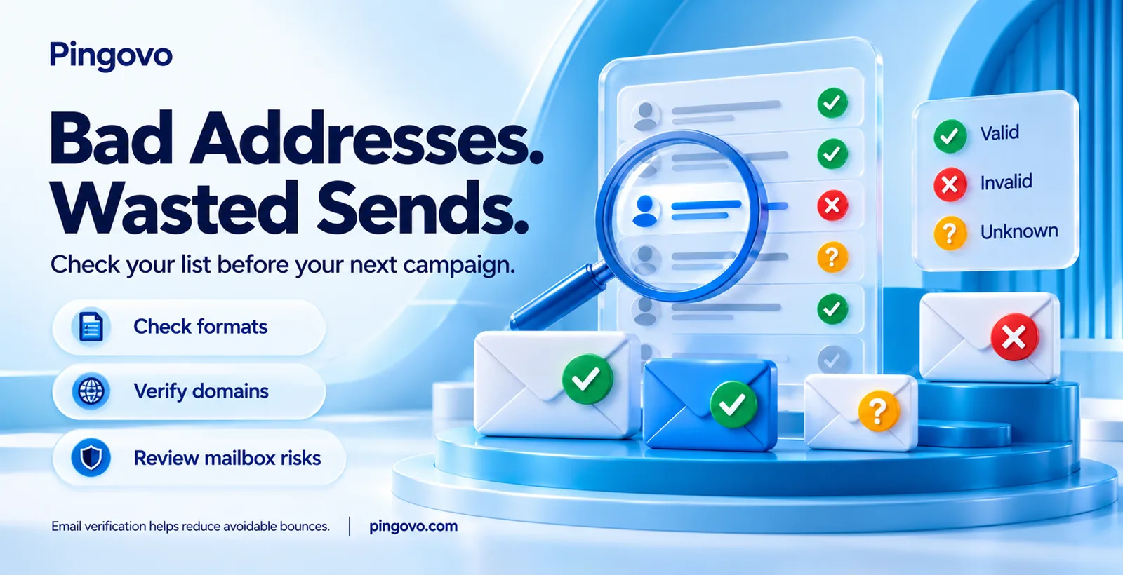 3D illustration of Pingovo email verification showing a contact list under a magnifying glass and envelopes marked valid, invalid, or unknown.
