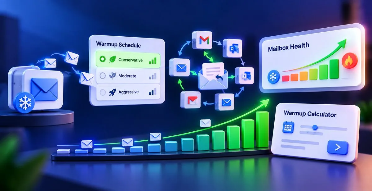 3D email warmup dashboard showing gradual sending, mailbox health, and warmup scheduling.
