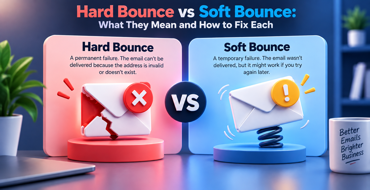 Modern 3D infographic comparing hard and soft email bounces. The left pink panel shows a cracked envelope with a red X for a permanent delivery failure, while the right blue panel shows an envelope with a yellow warning icon and spring effect for a temporary delivery failure. A central “VS” badge separates the two sides.