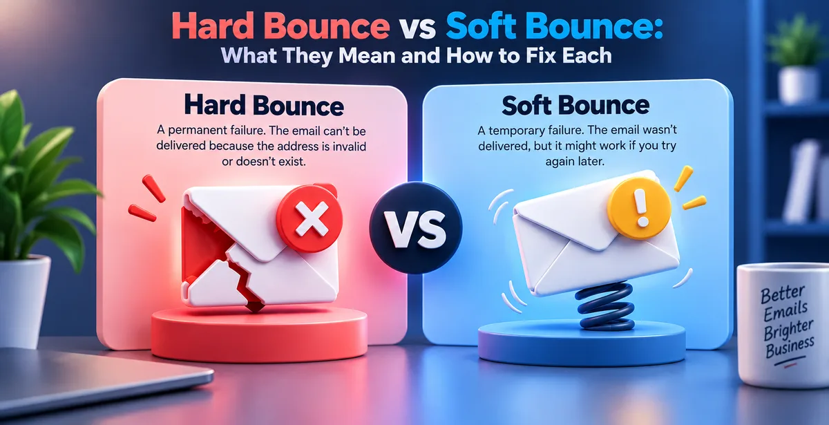 Modern 3D infographic comparing hard and soft email bounces. The left pink panel shows a cracked envelope with a red X for a permanent delivery failure, while the right blue panel shows an envelope with a yellow warning icon and spring effect for a temporary delivery failure. A central “VS” badge separates the two sides.