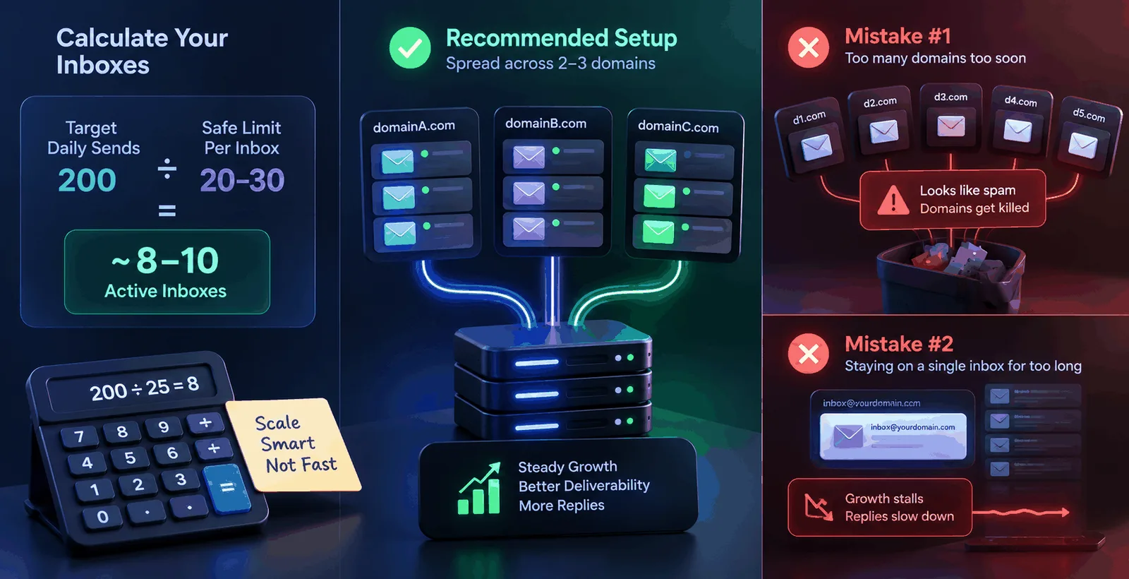 3D infographic showing inbox scaling across domains, safe send limits, and common cold email mistakes.
