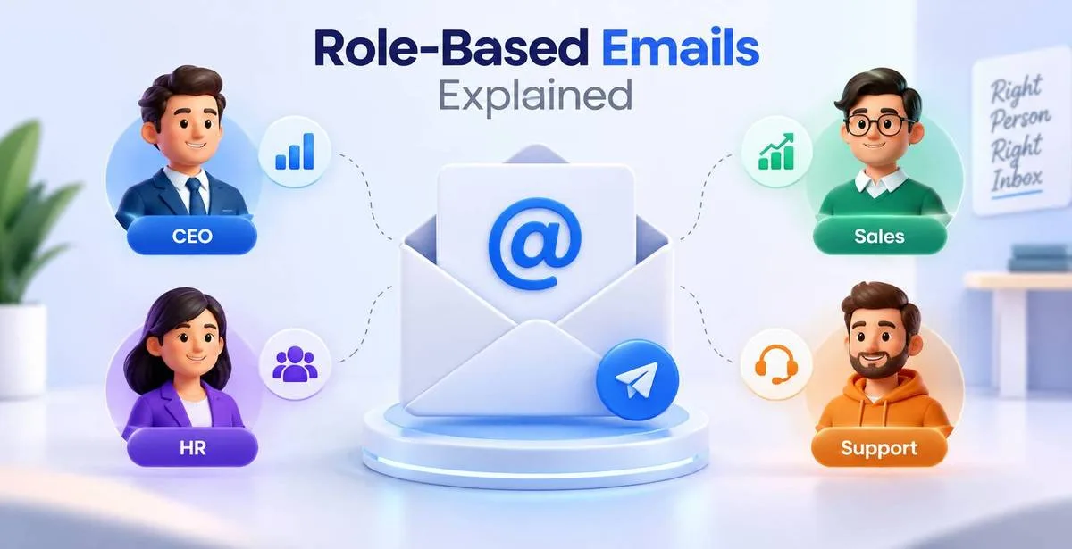Modern 3D illustration explaining role-based emails, featuring a central email envelope connected to four roles: CEO, HR, Sales, and Support.