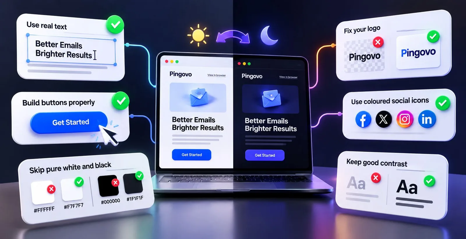 Dark Mode Email Design Best Practices 3D email design showing dark mode, contrast, logos, buttons, and accessible text.