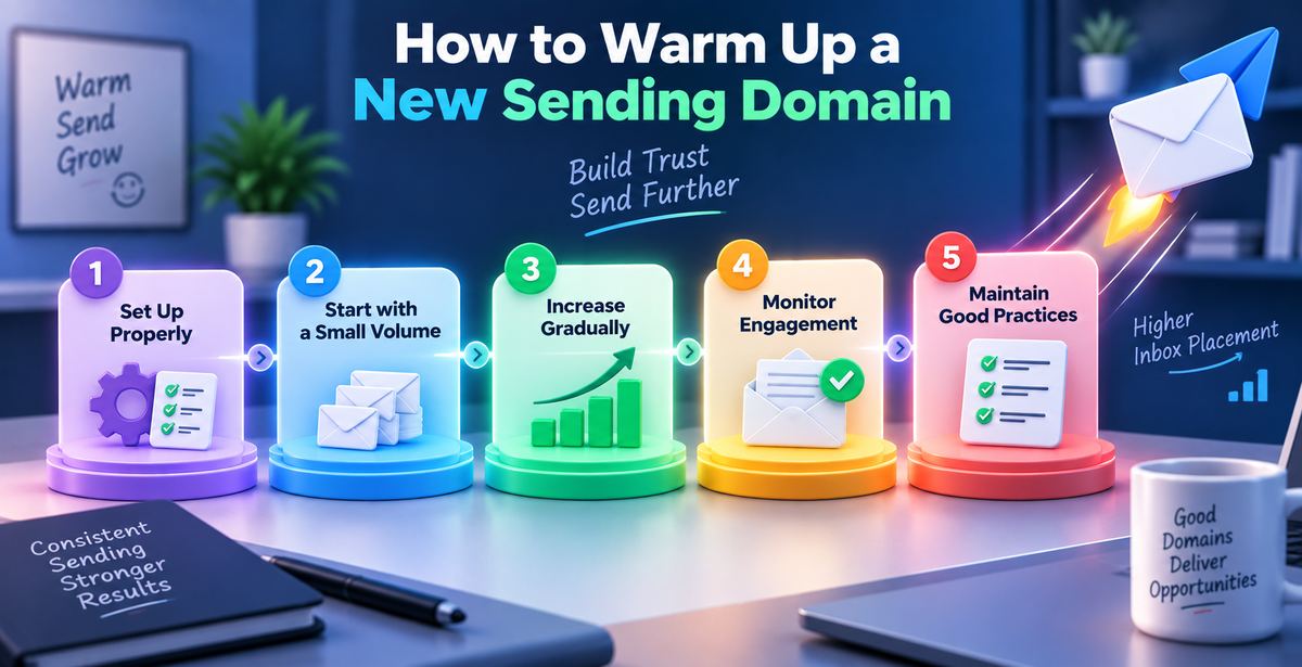 Infographic titled “How to Warm Up a New Sending Domain,” showing five steps: set up properly, start with a small volume, increase gradually, monitor engagement, and maintain good practices, with email icons, growth graphics, and a message about building trust and achieving higher inbox placement.