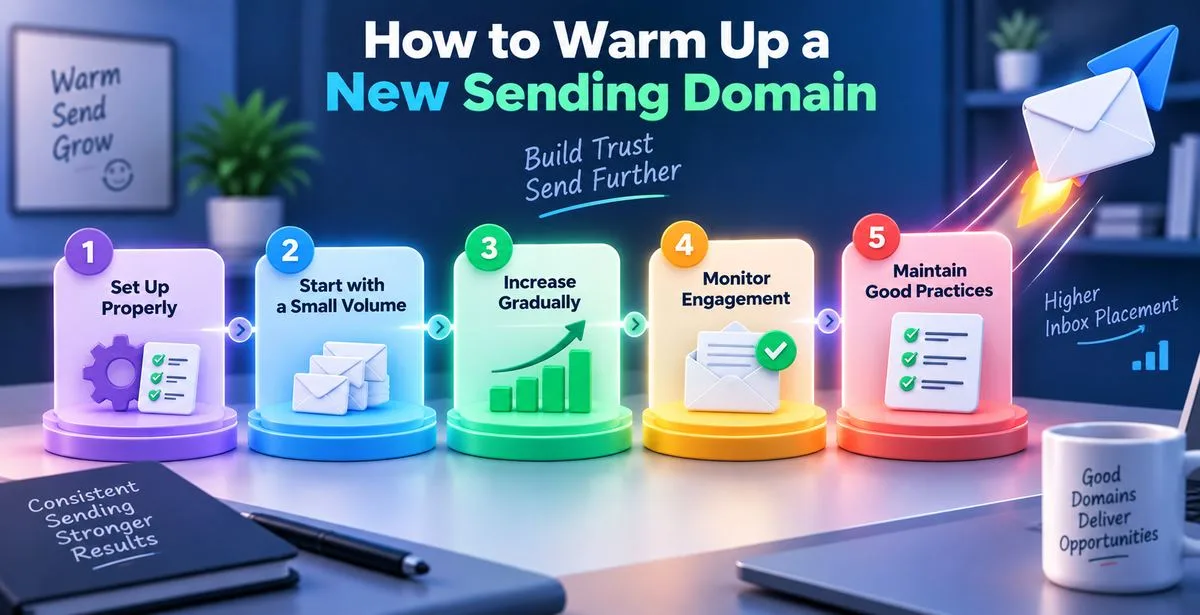 Infographic titled “How to Warm Up a New Sending Domain,” showing five steps: set up properly, start with a small volume, increase gradually, monitor engagement, and maintain good practices, with email icons, growth graphics, and a message about building trust and achieving higher inbox placement.