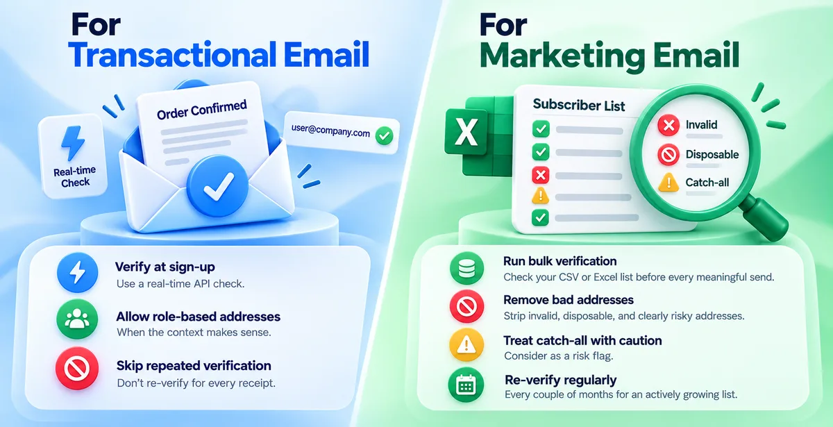 3D infographic comparing verification practices for transactional and marketing emails.