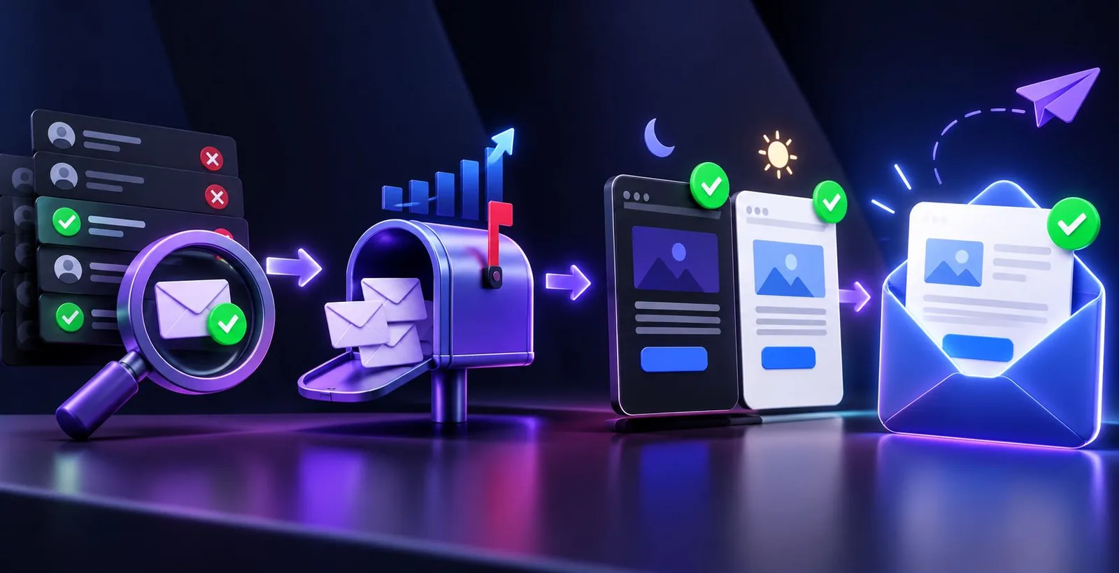 3D email delivery workflow showing verification, warmup, dark mode, and successful inbox delivery.