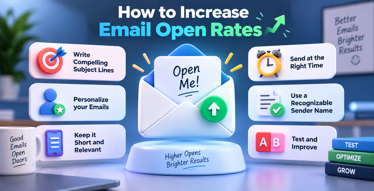 Infographic showing three tips to increase email open rates: fixing ignored emails, writing better subject lines, and using smart segmentation