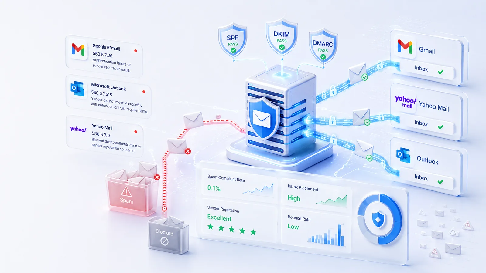 Premium 3D illustration of email authentication using SPF, DKIM, and DMARC to improve sender reputation, inbox placement, and email deliverability across Gmail, Yahoo Mail, and Microsoft Outlook.