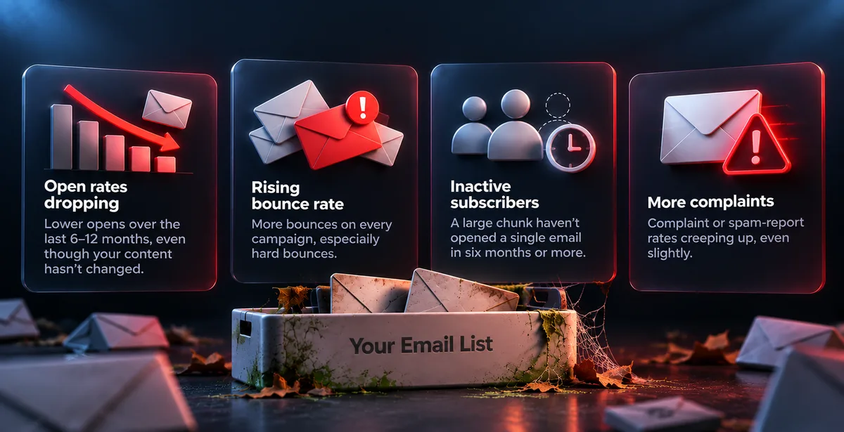 3D infographic showing falling open rates, rising bounces, inactive subscribers, and increasing spam complaints.