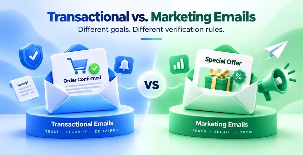 3D hero banner comparing transactional and marketing emails with distinct verification goals.