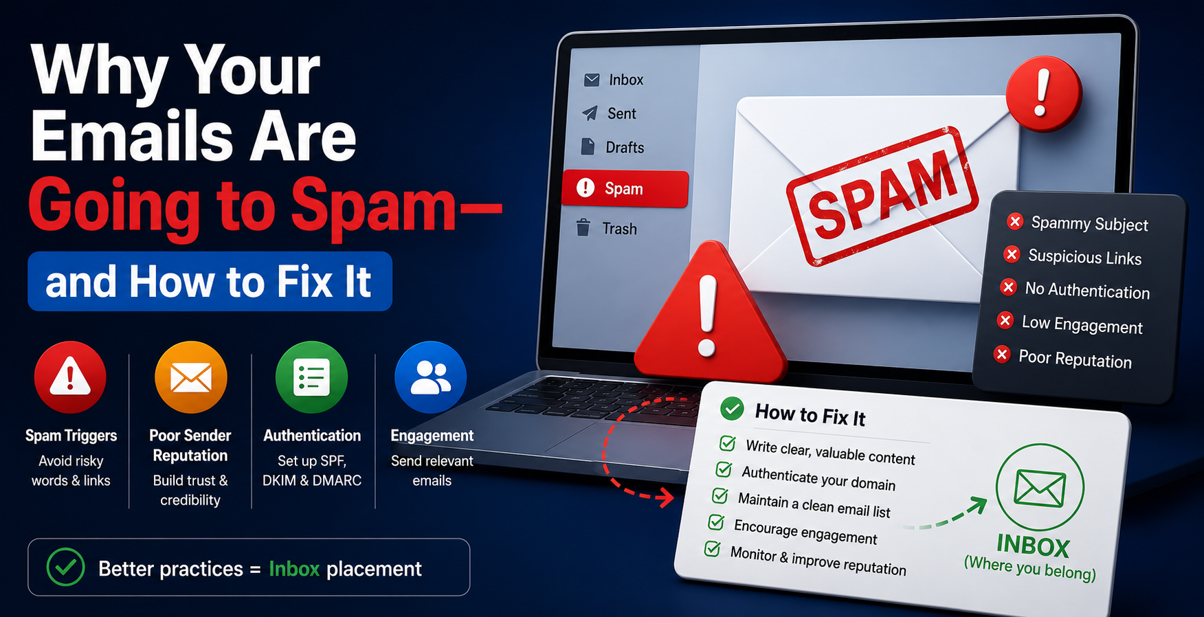 Laptop with a spam email, key spam triggers, and core fixes to improve email inbox placement and sender reputation.