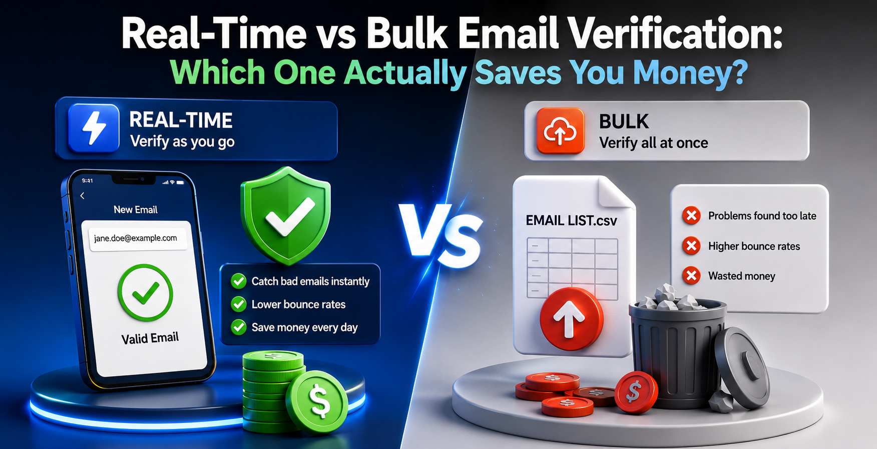 Modern 3D split-screen infographic comparing real-time vs. bulk email verification. The left side shows real-time verification with a verified email, security shield, and green money-saving icons. The right side shows bulk verification with an email list, warning symbols, rejected data, and wasted money. A glowing “VS” separates the two approaches.