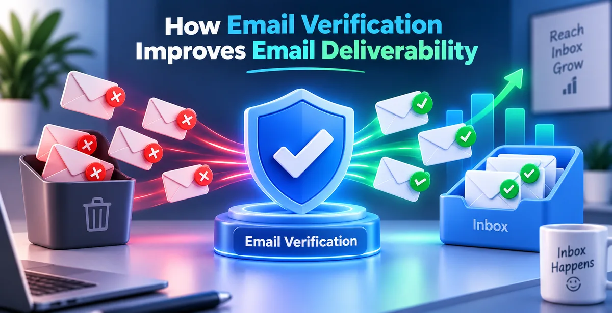 3D infographic showing how email verification filters invalid email addresses, verifies legitimate emails, and improves inbox deliverability, sender reputation, and email campaign performance.