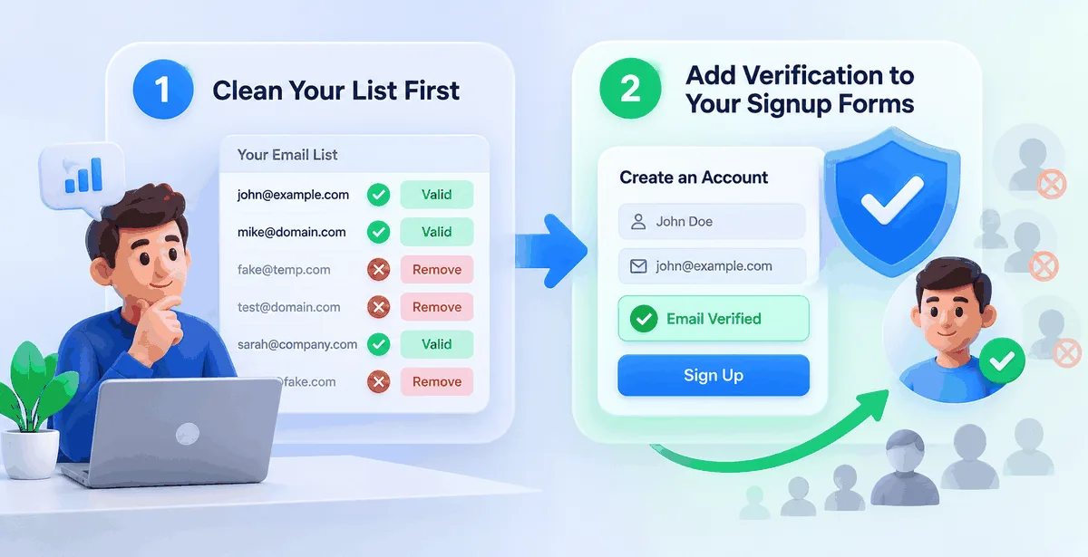 3D illustration showing email list cleanup followed by email verification on signup forms.