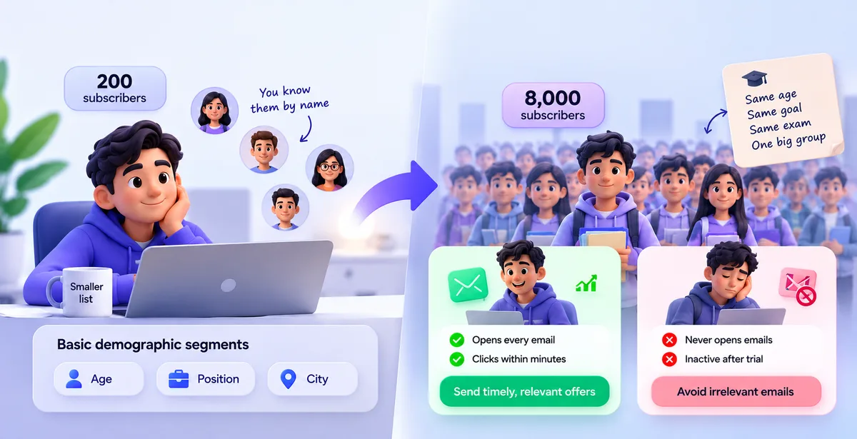3D illustration showing why behavioral segmentation becomes more effective than demographics as an email list grows.