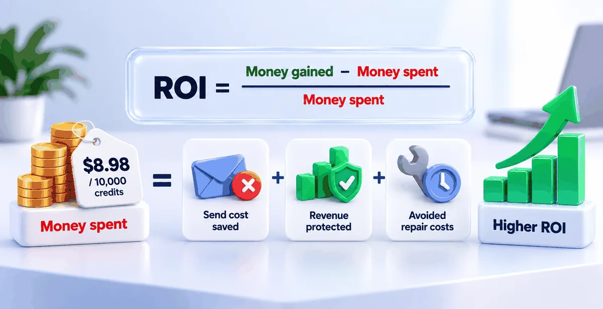 List Cleaning ROI Calculator 3D ROI calculator showing list cleaning costs, savings, protected revenue, and higher ROI.