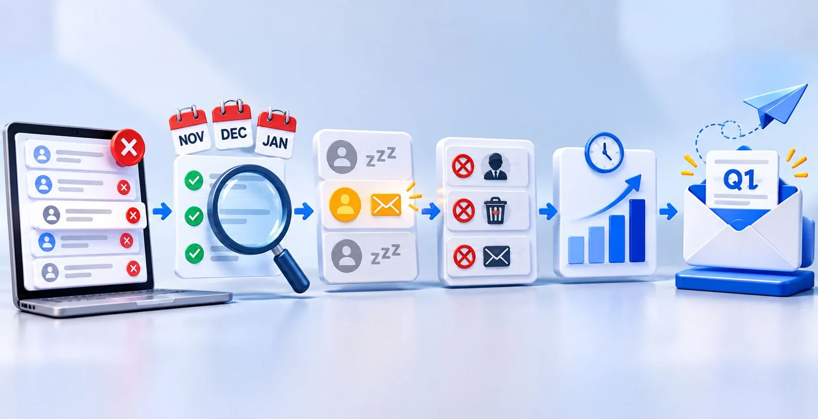 3D email list cleanup workflow from bounced addresses to a Q1 campaign.
