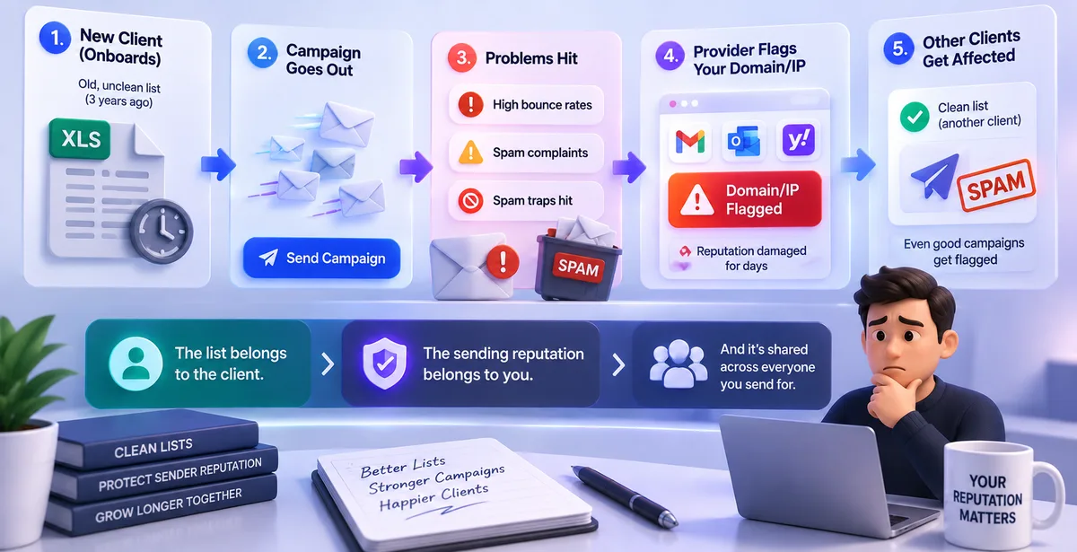 3D illustration showing how poor email lists can damage an agency’s shared sending reputation