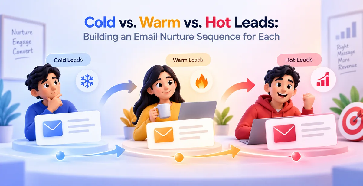 3D illustration showing cold, warm, and hot leads progressing through an email nurture sequence.